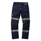 A flat lay of the back of a pair of navy blue FXD Men's WP-12T Elastic Waist Stretch Ripstop Taped Work Pants (FX02606028) on a white background.