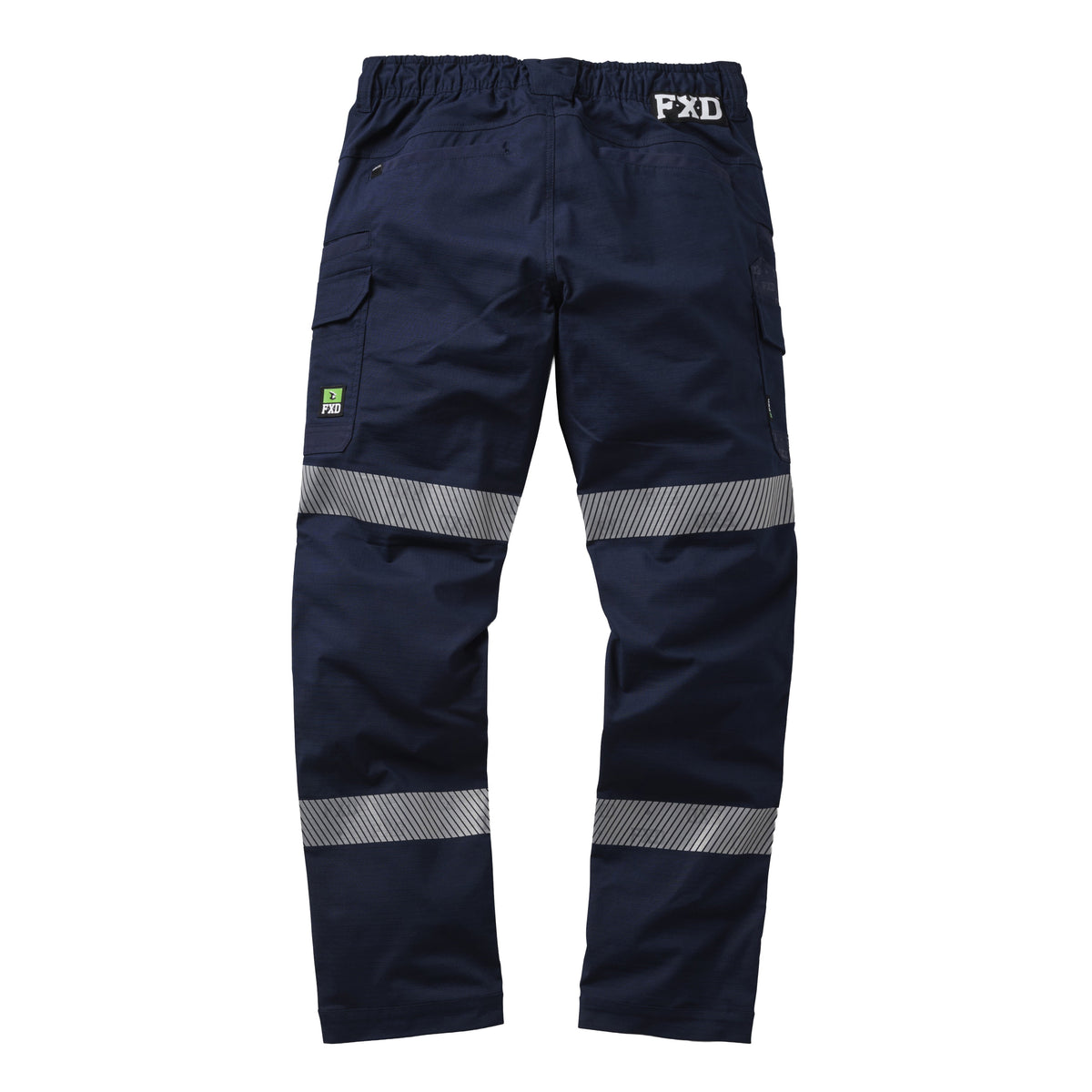 A flat lay of the back of a pair of navy blue FXD Men's WP-12T Elastic Waist Stretch Ripstop Taped Work Pants (FX02606028) on a white background.
