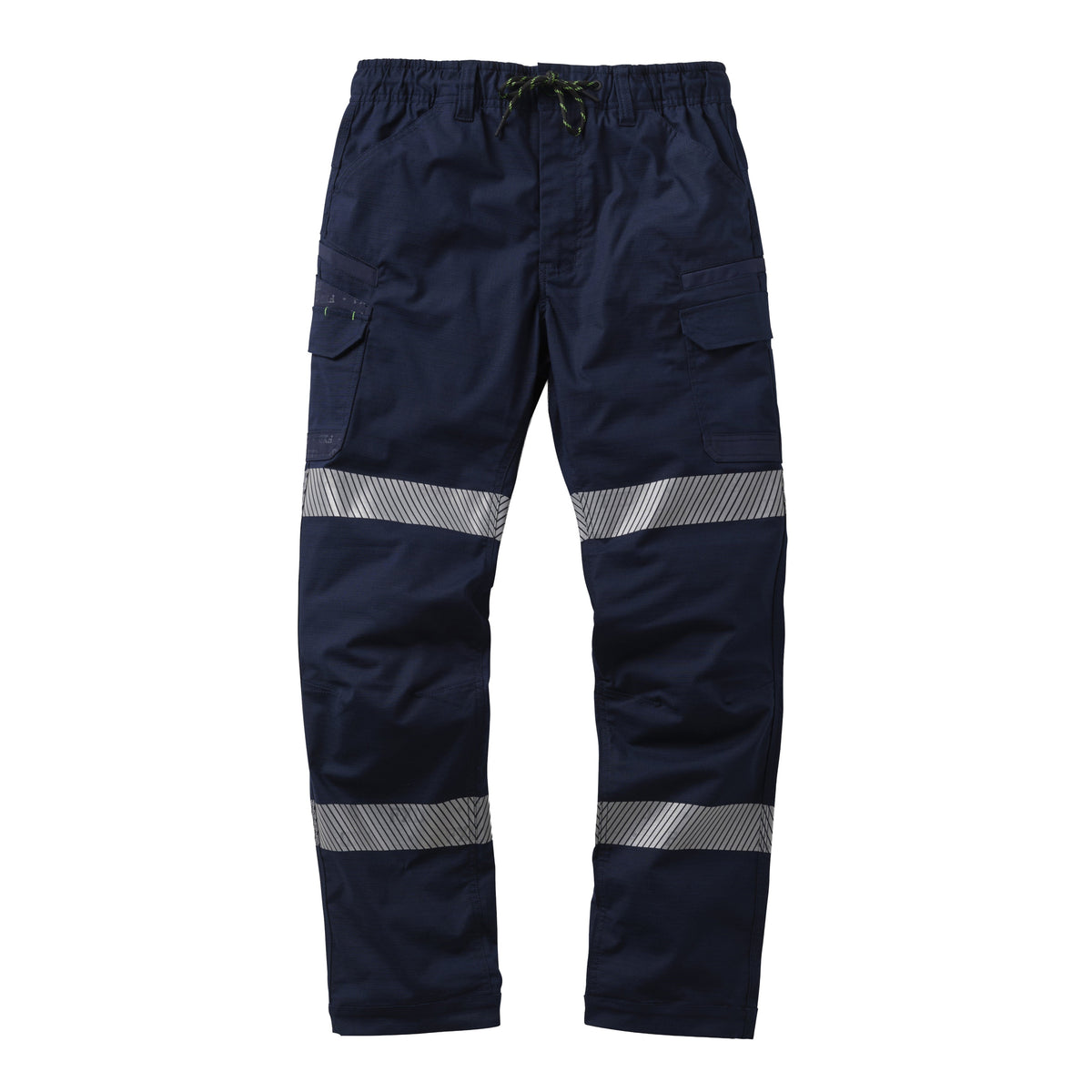 A flat lay of a pair of navy blue FXD Men's WP-12T Elastic Waist Stretch Ripstop Taped Work Pants (FX02606028) on a white background.