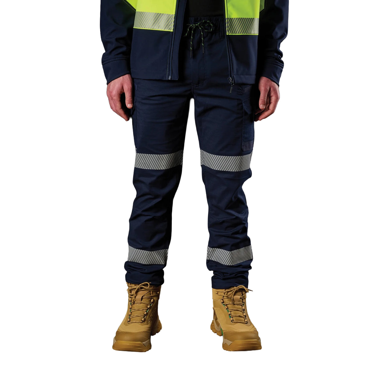 A man wearing a pair of navy blue FXD Men's WP-12T Elastic Waist Stretch Ripstop Taped Work Pants (FX02606028) with a hi vis jacket and wheat coloured work boots, on a white background.