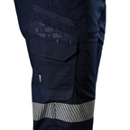 Close up right side pocket detail of a pair of navy blue FXD Men's WP-12T Elastic Waist Stretch Ripstop Taped Work Pants (FX02606028) on a white background.