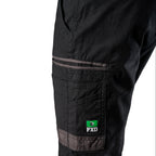 Close up pocket detail on a pair of black FXD Men's WP-4 Stretch Cuffed Work Pants (FX01616003) with cargo pockets, shown against a plain white background.