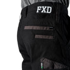 Close up pocket and waist detail on a pair of black FXD Men's WP-4 Stretch Cuffed Work Pants (FX01616003) with cargo pockets, shown against a plain white background.