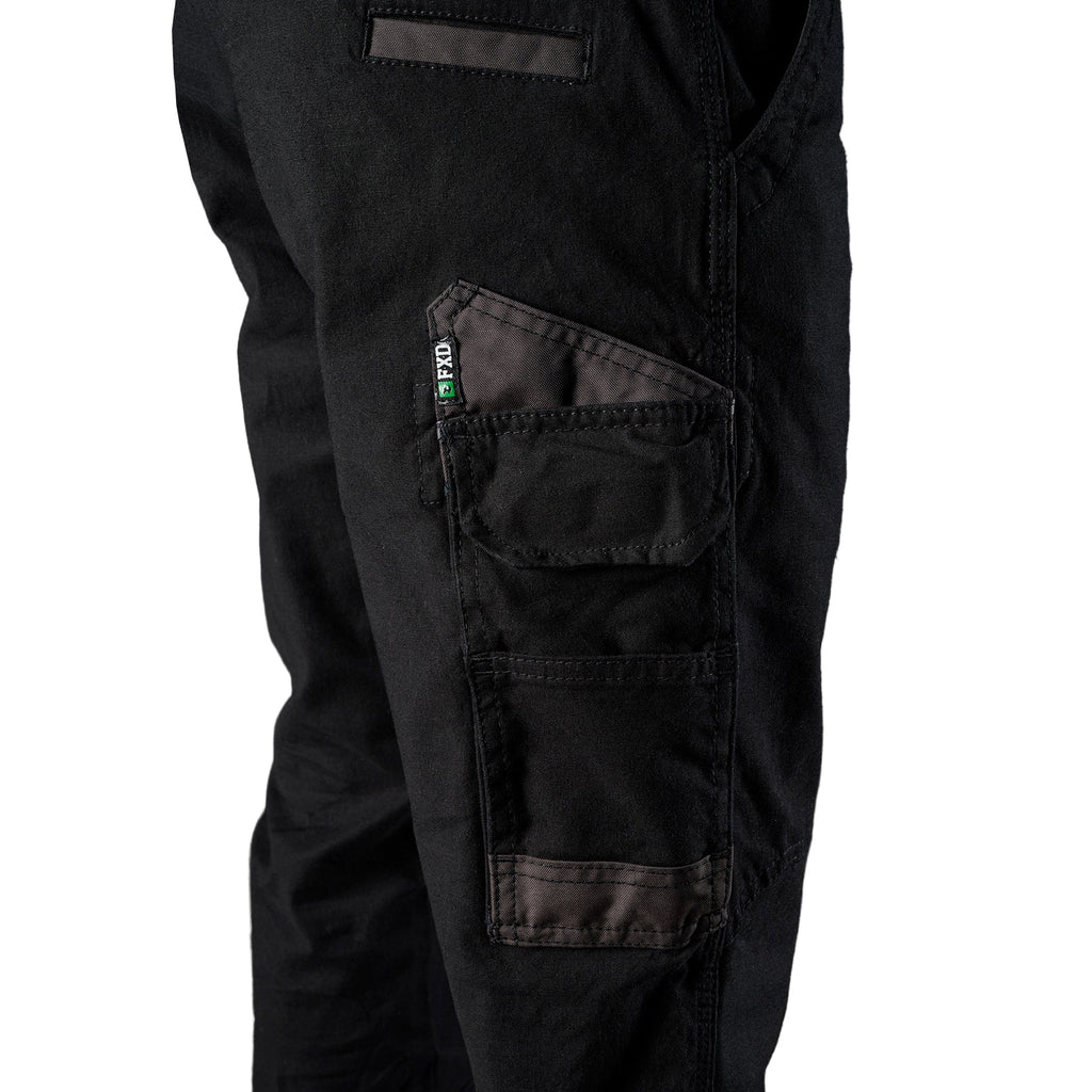 Close up pocket detail on a pair of black FXD Men's WP-4 Stretch Cuffed Work Pants (FX01616003) with cargo pockets, shown against a plain white background.