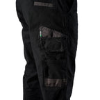 Close up pocket detail on a pair of black FXD Men's WP-4 Stretch Cuffed Work Pants (FX01616003) with cargo pockets, shown against a plain white background.