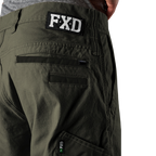 Close up waist and pocket detail on a pair of green FXD Men's WP-4 Stretch Cuffed Work Pants (FX01616003) with cargo pockets shown against a plain white background.