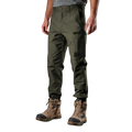 A man wearing green FXD Men's WP-4 Stretch Cuffed Work Pants (FX01616003) with cargo pockets and elastic cuffed ankles, paired with wheat coloured work boots, shown against a plain white background.