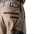 Close up waist and pocket detail on a pair of khaki FXD Men's WP-4 Stretch Cuffed Work Pants (FX01616003) with cargo pockets, shown against a plain white background.