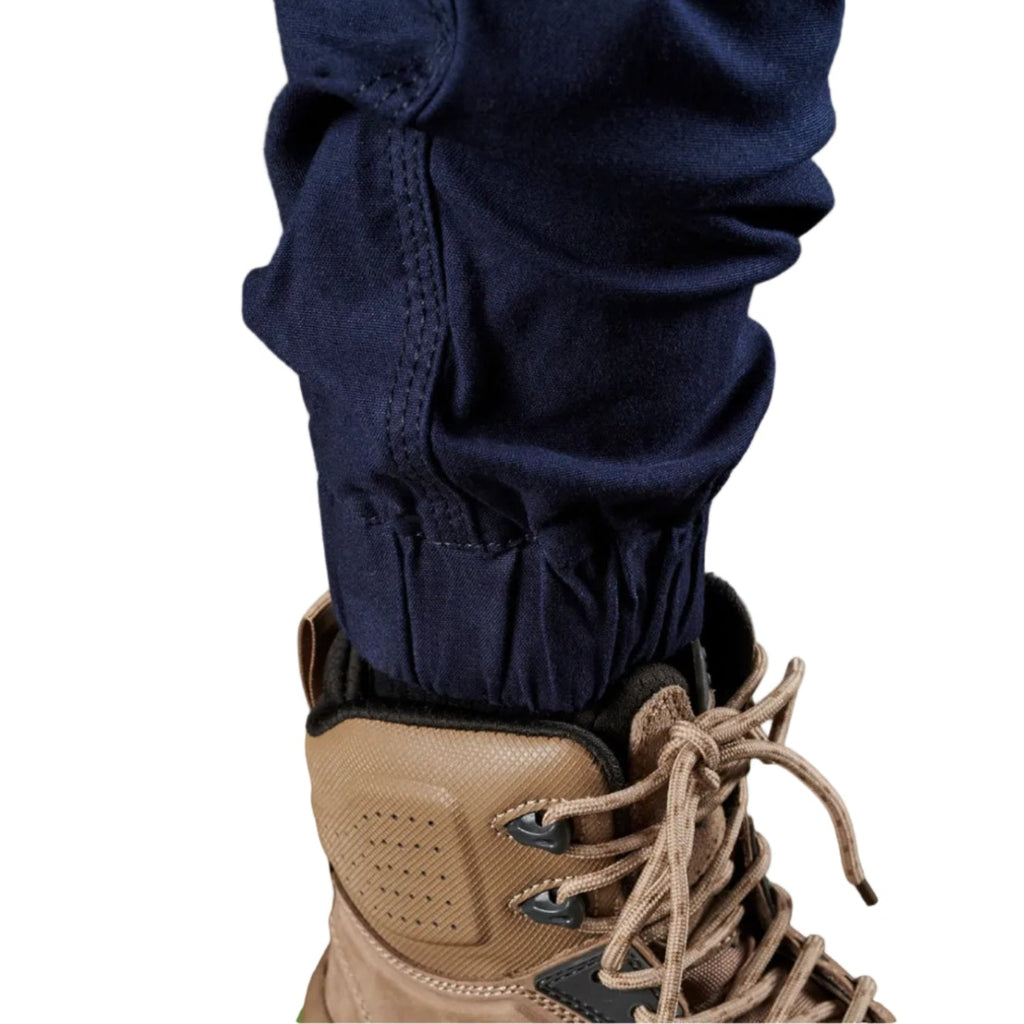 Close up cuff detail on a pair of navy FXD Men's WP-4 Stretch Cuffed Work Pants (FX01616003) against a plain white background.