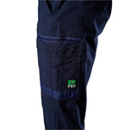 Close up cargo pocket detail on a pair of navy FXD Men's WP-4 Stretch Cuffed Work Pants (FX01616003) against a plain white background.