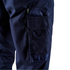 Close up cargo pocket detail on a pair of navy FXD Men's WP-4 Stretch Cuffed Work Pants (FX01616003) against a plain white background.