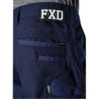 A close up of the waist and pocket detail of the navy blue FXD WP-3T Reflective Stretch Work Pants (FX01906010) against a white background.