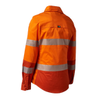 3-4 Back view of an orange FXD Women's LSH-2WT Hi Vis Taped Long Sleeve Work Shirt (FX12404100) on a white background.