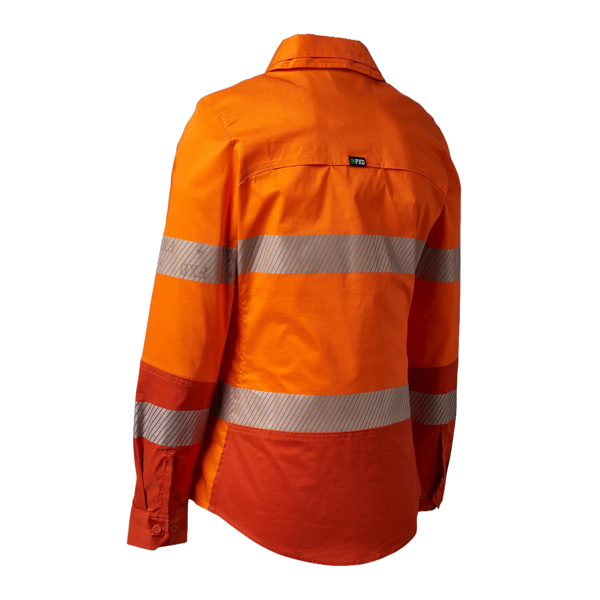 3-4 Back view of an orange FXD Women's LSH-2WT Hi Vis Taped Long Sleeve Work Shirt (FX12404100) on a white background.