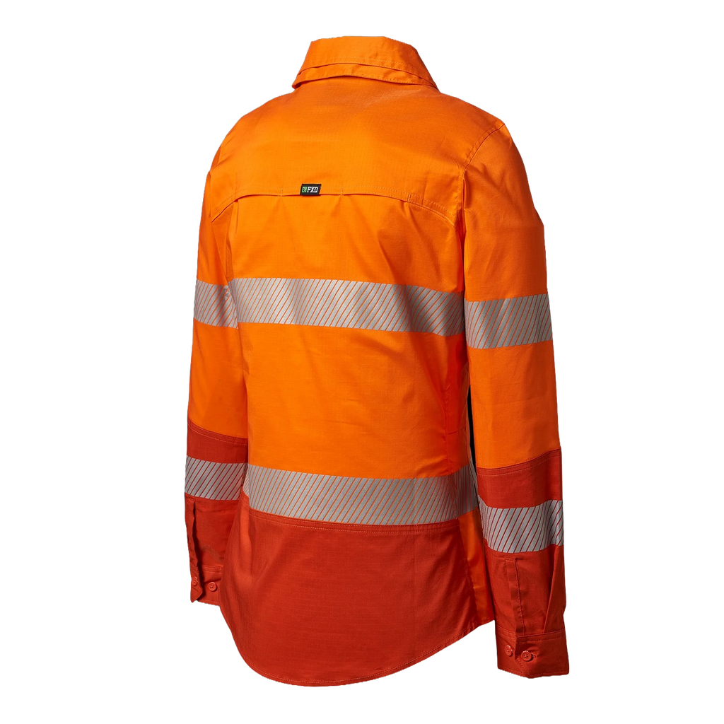 3-4 Back view of an orange FXD Women's LSH-2WT Hi Vis Taped Long Sleeve Work Shirt (FX12404100) on a white background.