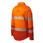 3-4 Back view of an orange FXD Women's LSH-2WT Hi Vis Taped Long Sleeve Work Shirt (FX12404100) on a white background.