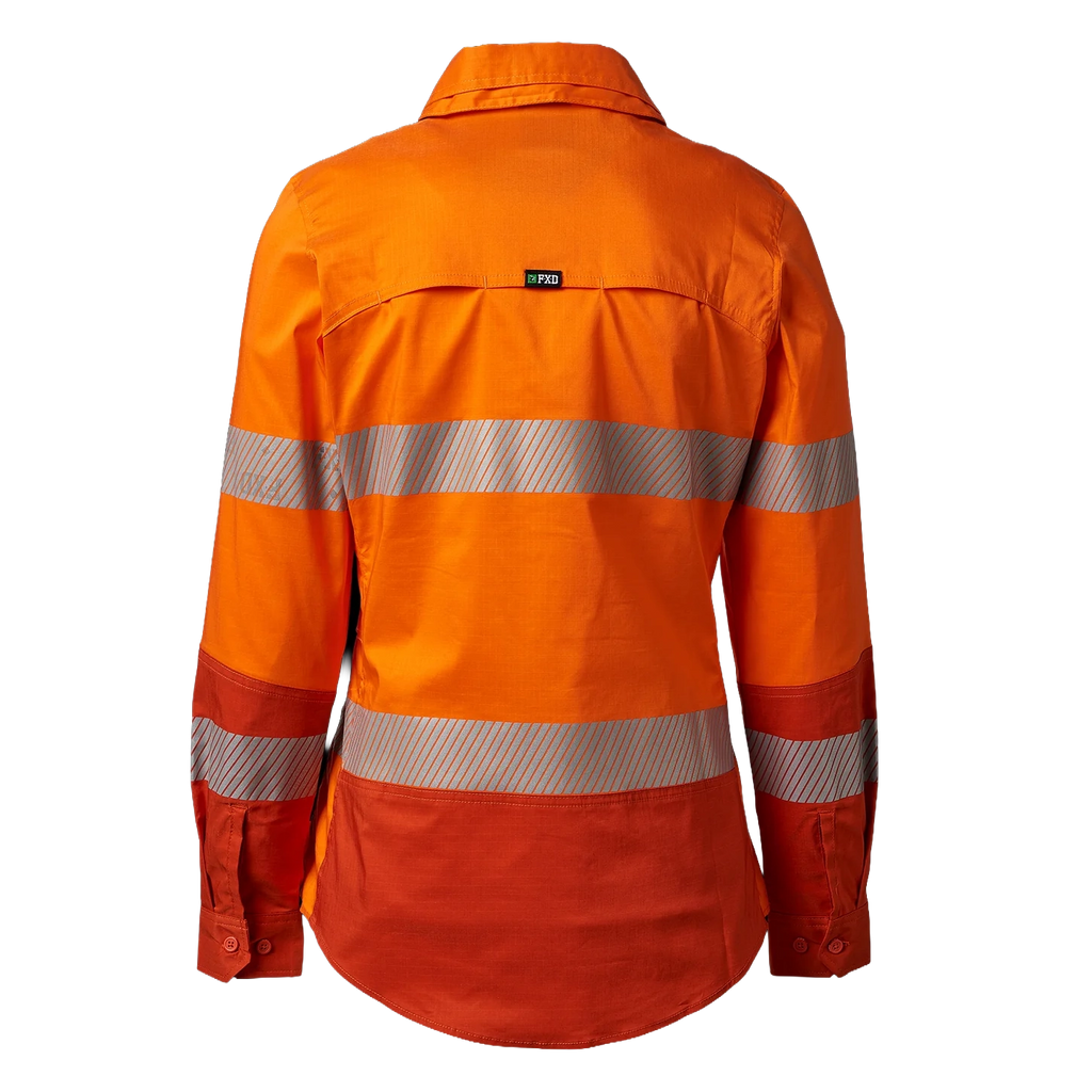 Back view of an orange FXD Women's LSH-2WT Hi Vis Taped Long Sleeve Work Shirt (FX12404100) on a white background.