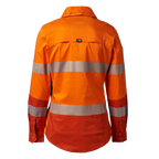 Back view of an orange FXD Women's LSH-2WT Hi Vis Taped Long Sleeve Work Shirt (FX12404100) on a white background.