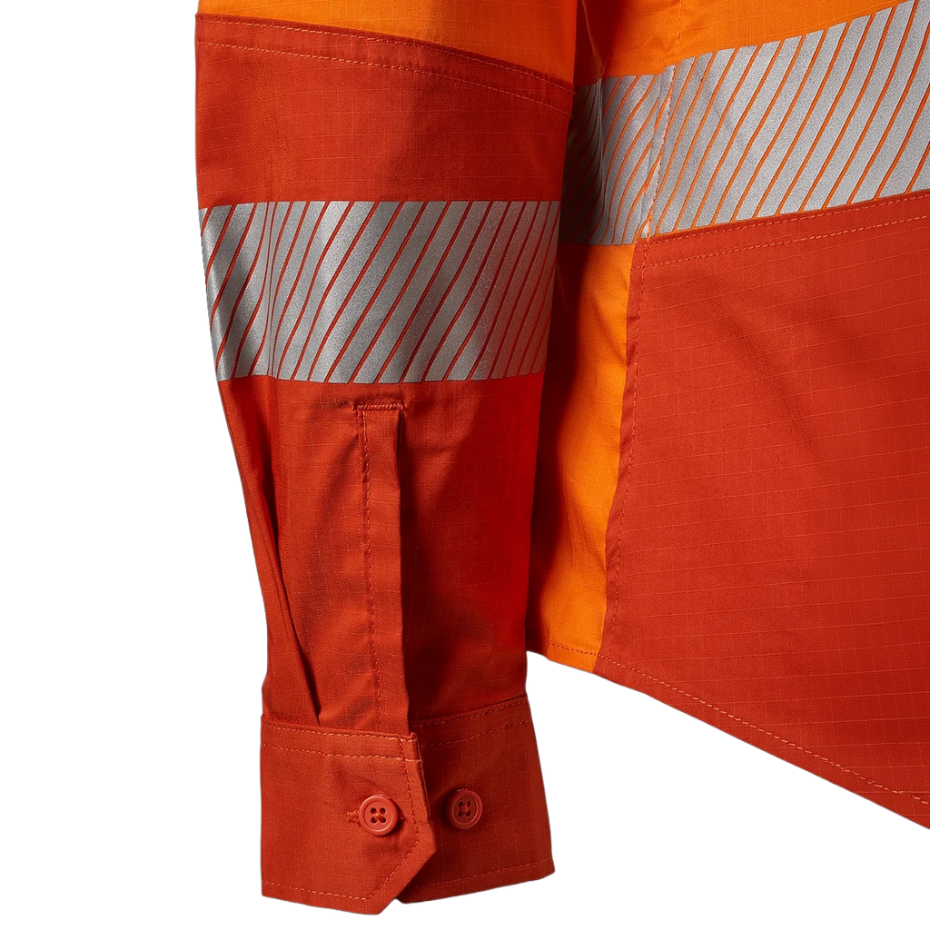Close up detail of the sleeve cuff and tape on an orange FXD Women's LSH-2WT Hi Vis Taped Long Sleeve Work Shirt (FX12404100) on a white background.