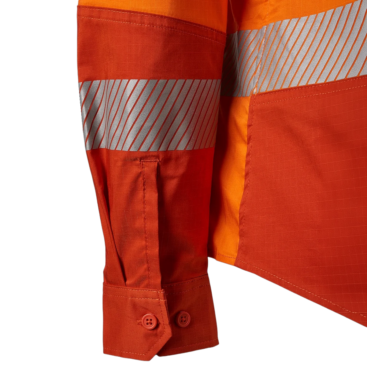 Close up detail of the sleeve cuff and tape on an orange FXD Women's LSH-2WT Hi Vis Taped Long Sleeve Work Shirt (FX12404100) on a white background.