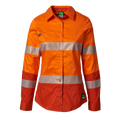 Front view of an orange FXD Women's LSH-2WT Hi Vis Taped Long Sleeve Work Shirt (FX12404100) on a white background.