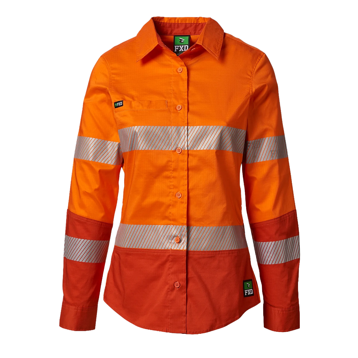 Front view of an orange FXD Women's LSH-2WT Hi Vis Taped Long Sleeve Work Shirt (FX12404100) on a white background.