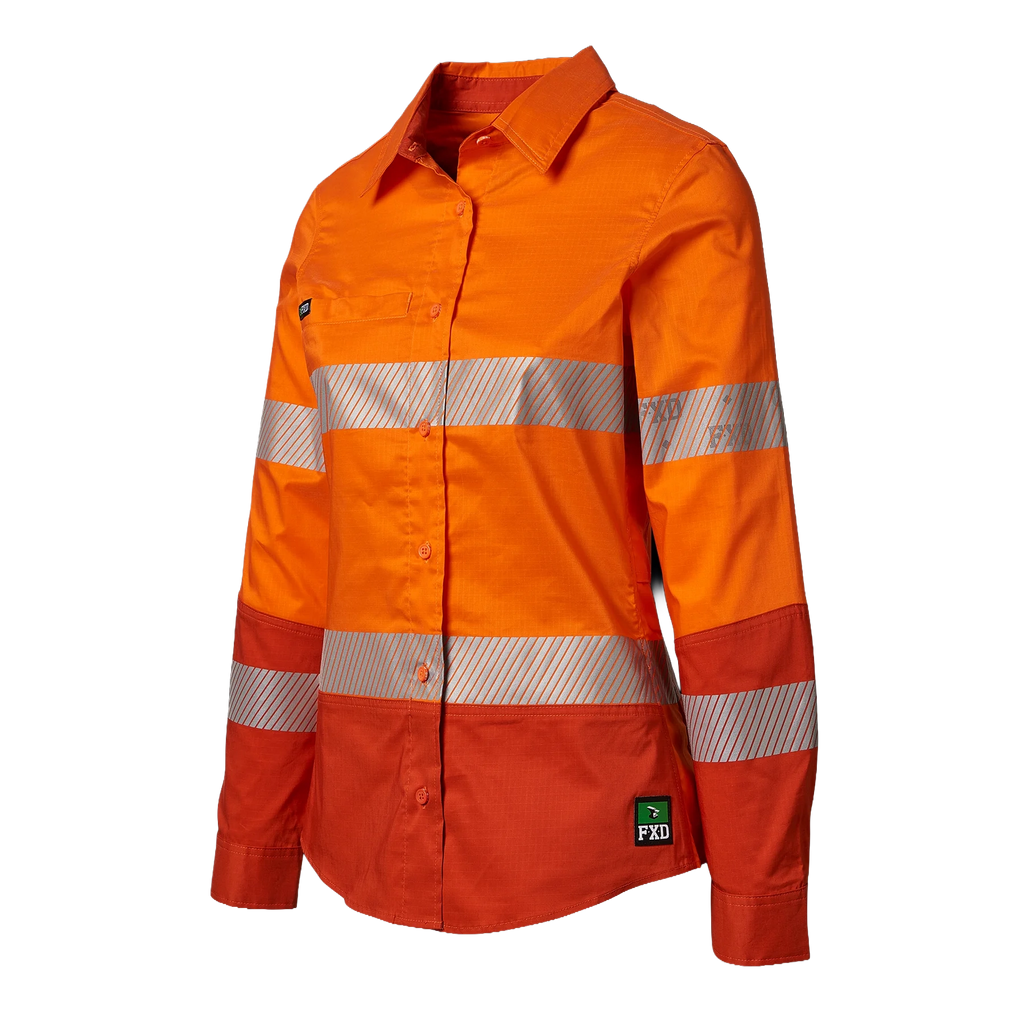 3-4 Front view of an orange FXD Women's LSH-2WT Hi Vis Taped Long Sleeve Work Shirt (FX12404100) on a white background.