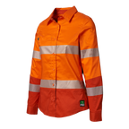 3-4 Front view of an orange FXD Women's LSH-2WT Hi Vis Taped Long Sleeve Work Shirt (FX12404100) on a white background.