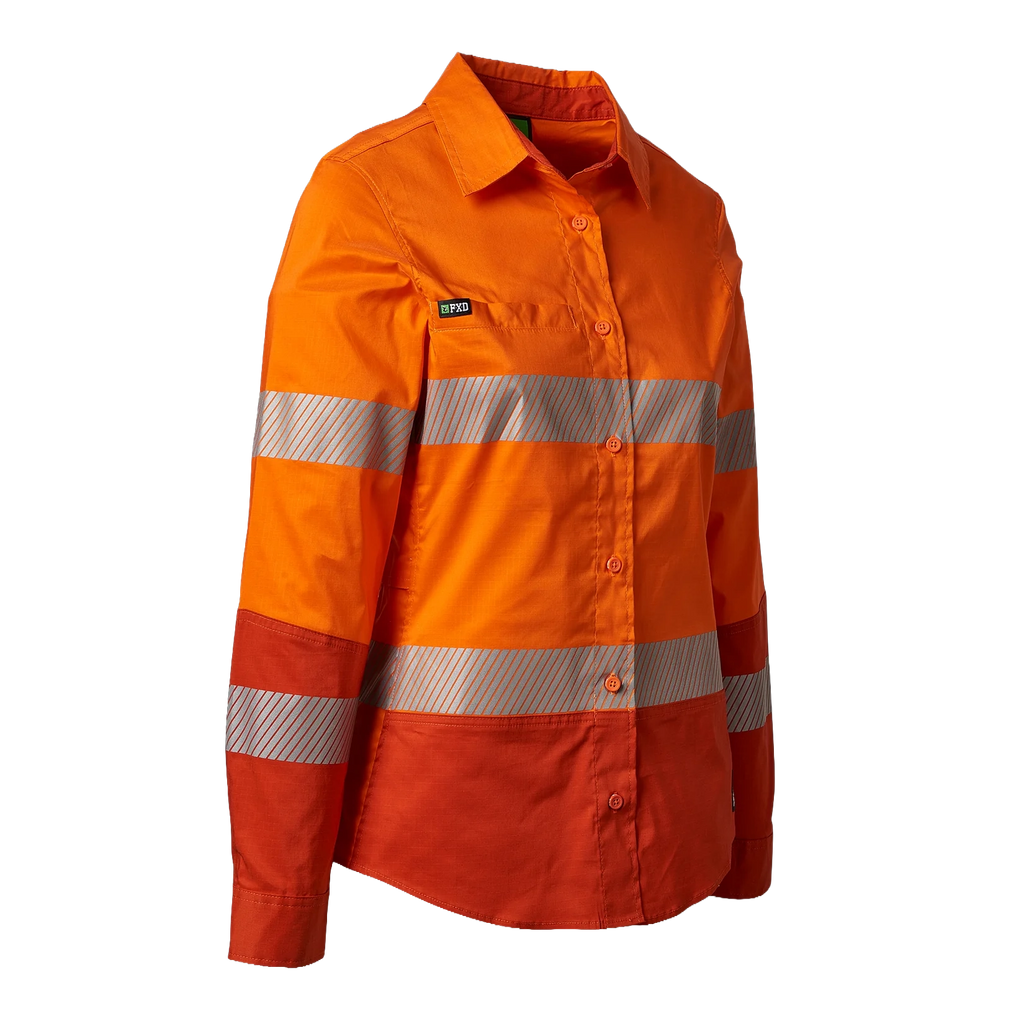 3-4 Front view of an orange FXD Women's LSH-2WT Hi Vis Taped Long Sleeve Work Shirt (FX12404100) on a white background.