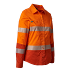 3-4 Front view of an orange FXD Women's LSH-2WT Hi Vis Taped Long Sleeve Work Shirt (FX12404100) on a white background.