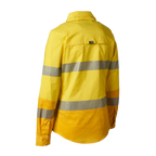 3-4 Back view of a yellow FXD Women's LSH-2WT Hi Vis Taped Long Sleeve Work Shirt (FX12404100) on a white background.