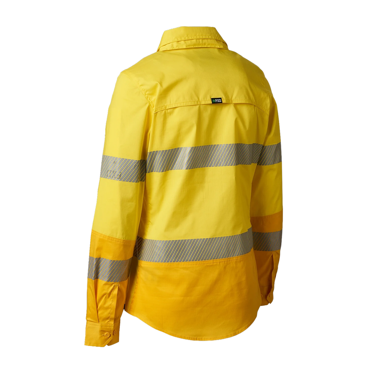 3-4 Back view of a yellow FXD Women's LSH-2WT Hi Vis Taped Long Sleeve Work Shirt (FX12404100) on a white background.
