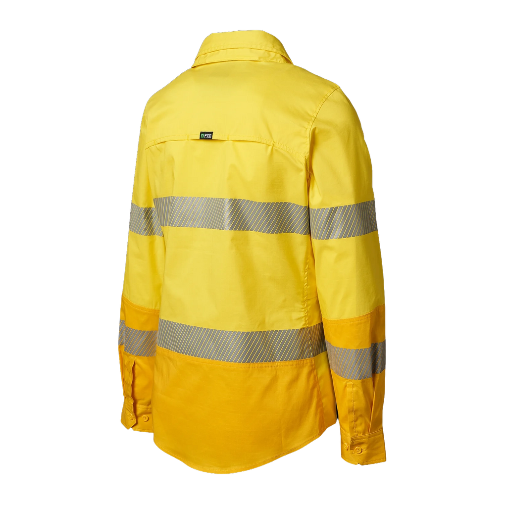 3-4 Back view of a yellow FXD Women's LSH-2WT Hi Vis Taped Long Sleeve Work Shirt (FX12404100) on a white background.