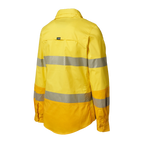 3-4 Back view of a yellow FXD Women's LSH-2WT Hi Vis Taped Long Sleeve Work Shirt (FX12404100) on a white background.