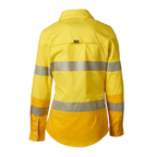 Back view of a yellow FXD Women's LSH-2WT Hi Vis Taped Long Sleeve Work Shirt (FX12404100) on a white background.