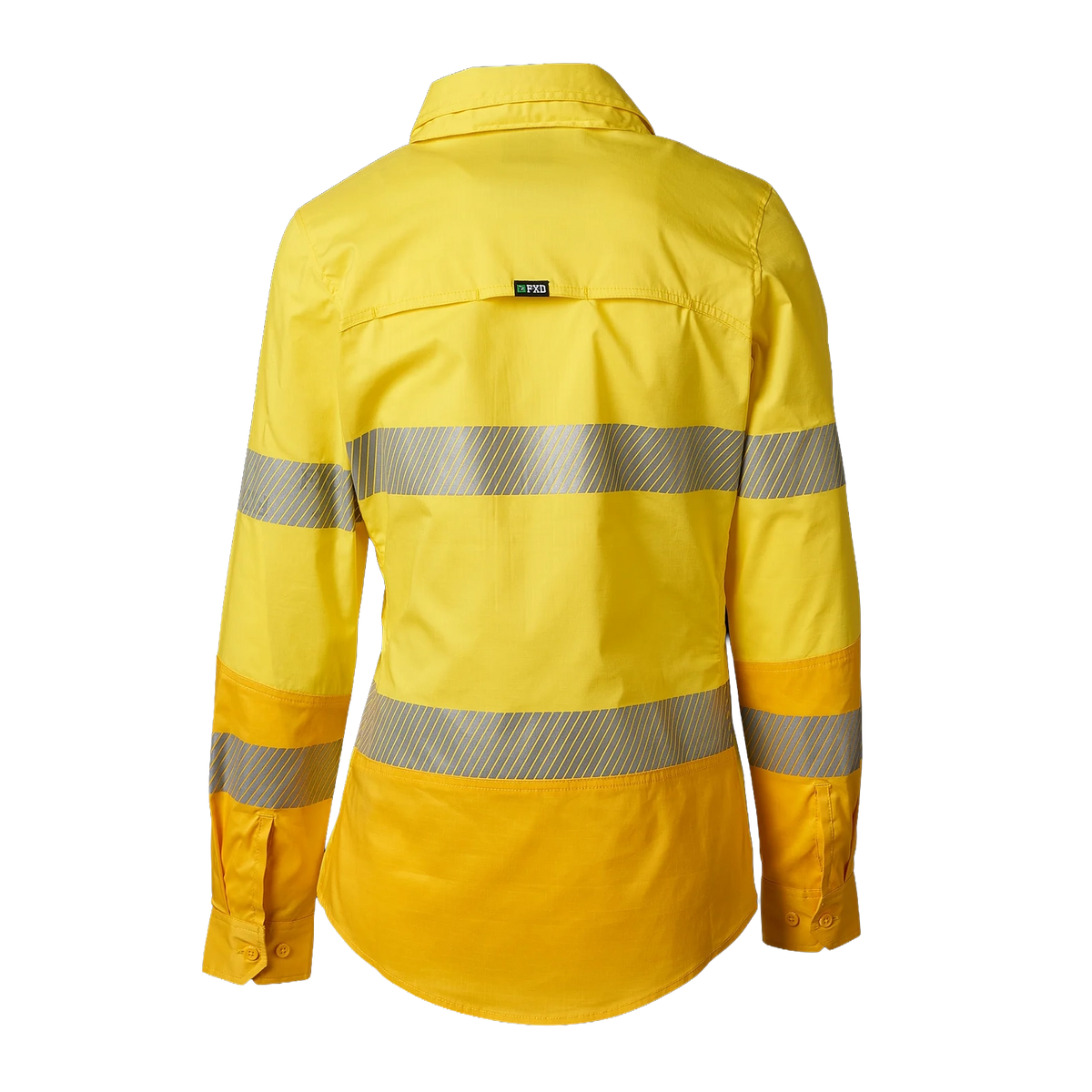 Back view of a yellow FXD Women's LSH-2WT Hi Vis Taped Long Sleeve Work Shirt (FX12404100) on a white background.