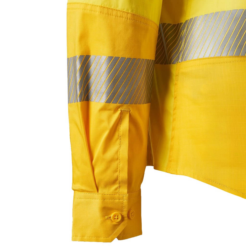 Close up detail of the tape and the sleeve cuffs on a yellow FXD Women's LSH-2WT Hi Vis Taped Long Sleeve Work Shirt (FX12404100) on a white background.