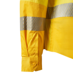 Close up detail of the tape and the sleeve cuffs on a yellow FXD Women's LSH-2WT Hi Vis Taped Long Sleeve Work Shirt (FX12404100) on a white background.