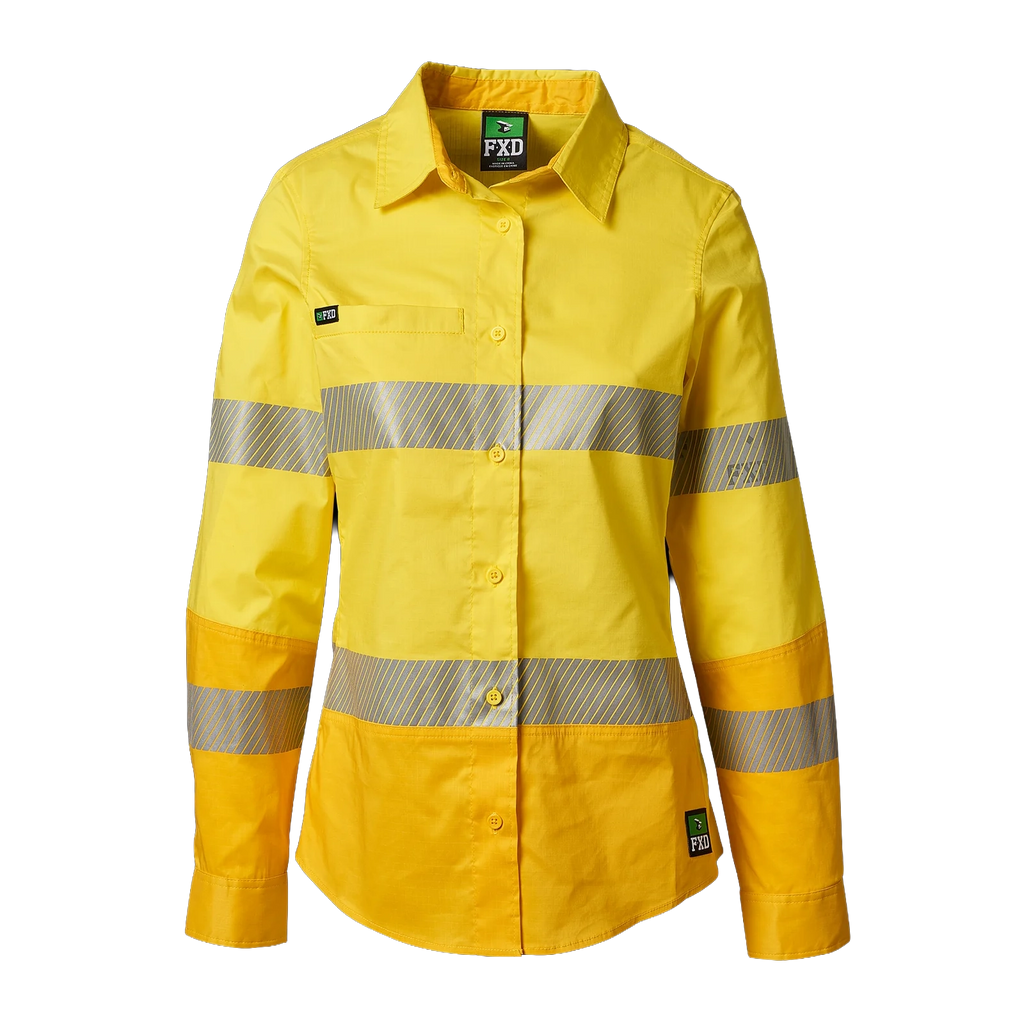 Front view of a yellow FXD Women's LSH-2WT Hi Vis Taped Long Sleeve Work Shirt (FX12404100) on a white background.