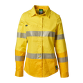 Front view of a yellow FXD Women's LSH-2WT Hi Vis Taped Long Sleeve Work Shirt (FX12404100) on a white background.