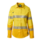 Front view of a yellow FXD Women's LSH-2WT Hi Vis Taped Long Sleeve Work Shirt (FX12404100) on a white background.