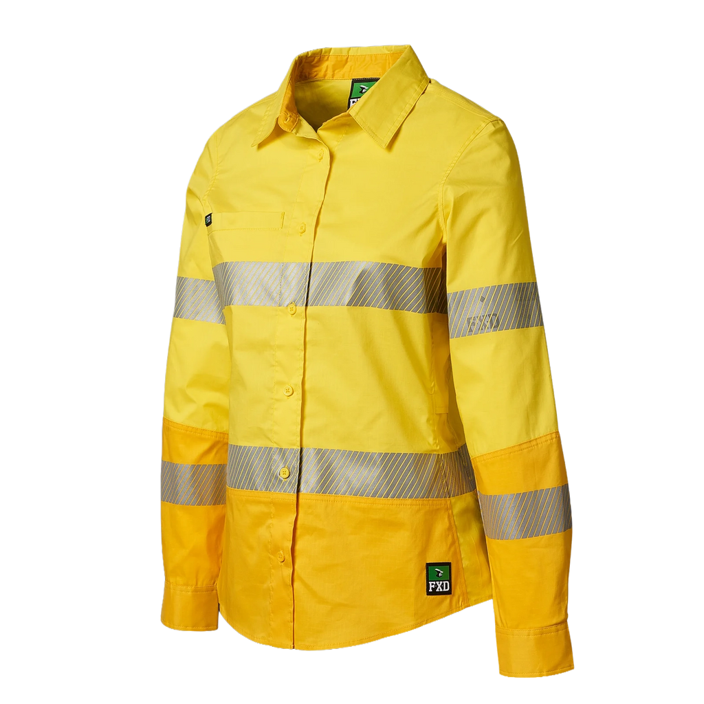 3-4 Front view of a yellow FXD Women's LSH-2WT Hi Vis Taped Long Sleeve Work Shirt (FX12404100) on a white background.
