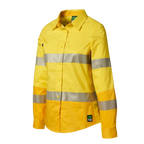 3-4 Front view of a yellow FXD Women's LSH-2WT Hi Vis Taped Long Sleeve Work Shirt (FX12404100) on a white background.