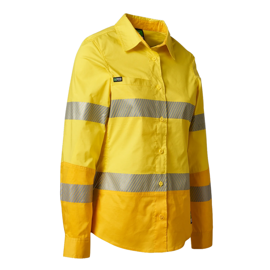 3-4 Front view of a yellow FXD Women's LSH-2WT Hi Vis Taped Long Sleeve Work Shirt (FX12404100) on a white background.