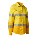 3-4 Front view of a yellow FXD Women's LSH-2WT Hi Vis Taped Long Sleeve Work Shirt (FX12404100) on a white background.