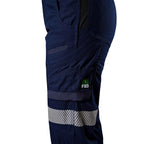 A close up view of the left side of the navy blue FXD Women's Taped Cargo Work Pants (WP-7WT) with reflective silver bands on the legs, against a plain white background.