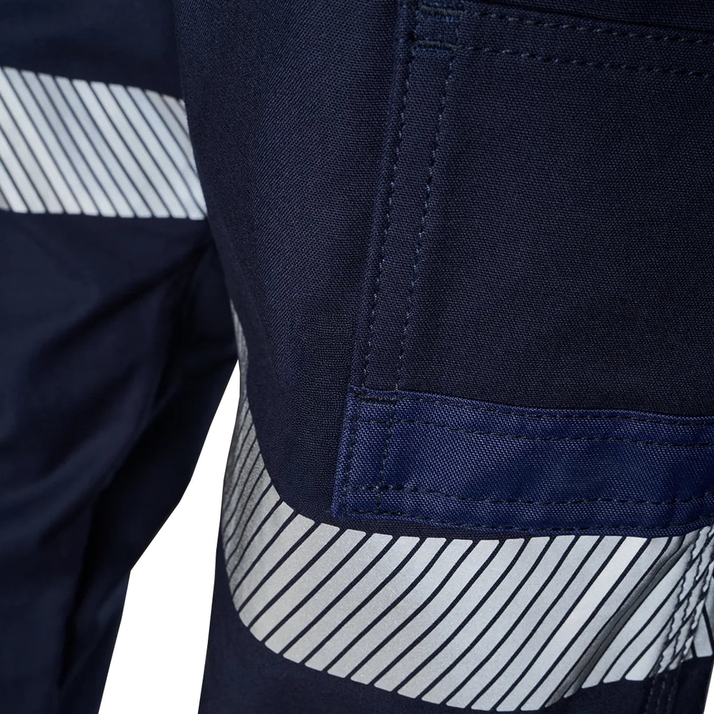 A close up view of the tape on a pair of navy FXD Women's WP-4WT Reflective Cuffed Work Pants (FX12206208) against a plain white background.