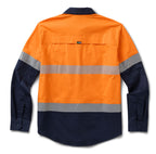 A flat lay of the back of an orange and navy FXD Men's LSH-4T Vented Tech Hi-Vis L/S Work Shirt (FX02504010) with long sleeves, silver reflective stripes, showing the back vent detail and button cuffs on a white background.