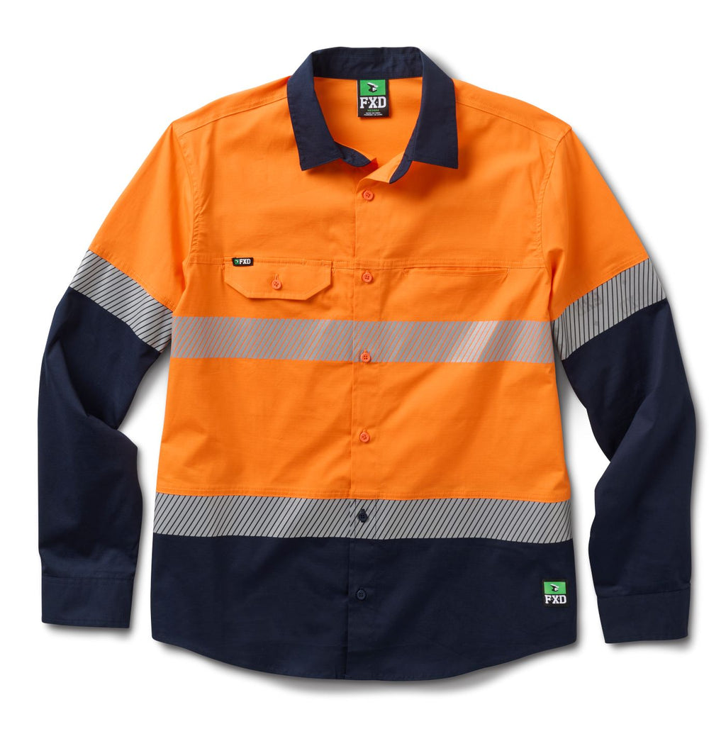A flat lay of an orange and navy FXD Men's LSH-4T Vented Tech Hi-Vis L/S Work Shirt (FX02504010) with long sleeves, silver reflective stripes, button-front closure and one chest pocket with flap and one without on a white background.