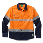 A flat lay of an orange and navy FXD Men's LSH-4T Vented Tech Hi-Vis L/S Work Shirt (FX02504010) with long sleeves, silver reflective stripes, button-front closure and one chest pocket with flap and one without on a white background.